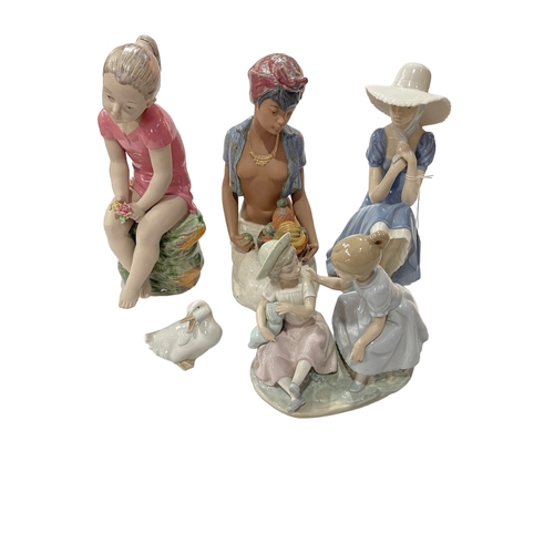 4 - Five Nao pieces including large fruit seller and girl with posy, tallest 29cm.