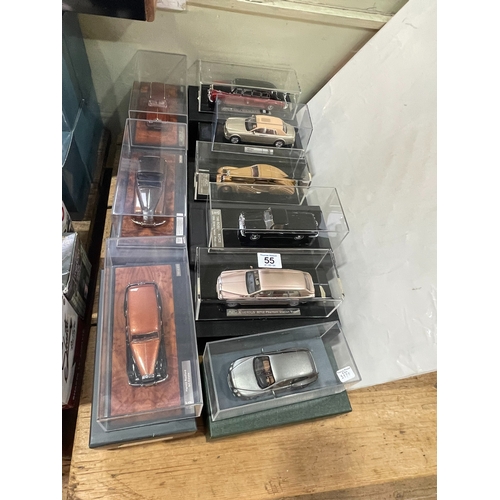 55 - Nine 1:43 model exclusive cars mostly by Matrix and Neo, all with presentation cases and boxes.