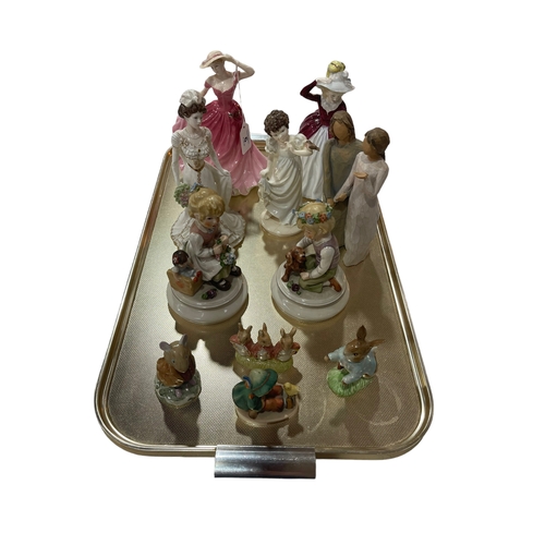 6 - Tray lot with three Coalport and one Royal Doulton figure, pair Goebel figures, three Bunnykins, etc... 