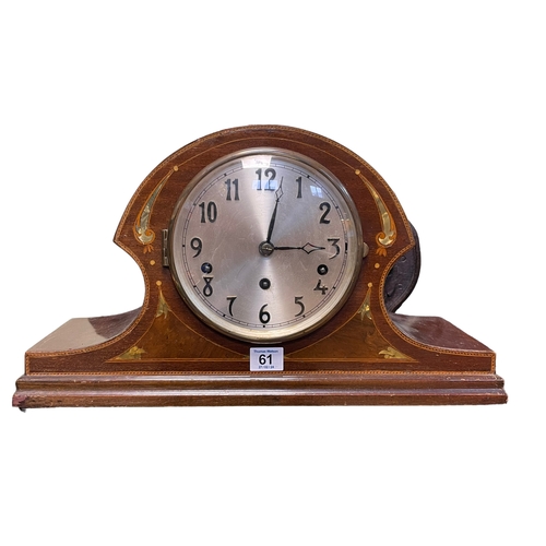 61 - Vintage mahogany inlaid mantel clock, 27cm high.