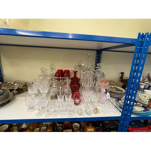 86 - Collection of cranberry glass, lustres, decorative porcelain, etc.