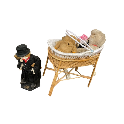 98 - Clown figure, wicker basket on stand, teddy bears, etc.