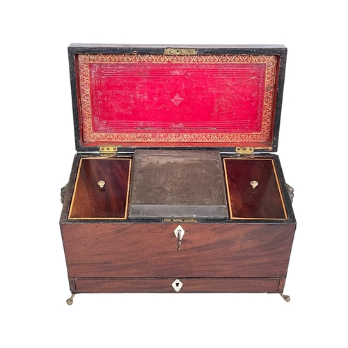 146 - 19th Century mahogany three compartment tea caddy with single front drawer, lion masks to sides rais... 