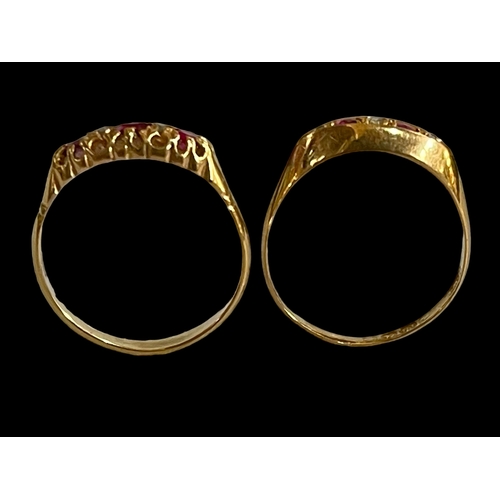 174 - Two ruby and diamond 18 carat gold rings, sizes Q and R.