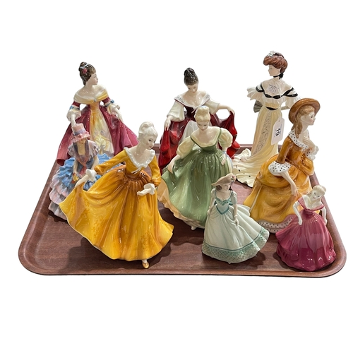 19 - Three Coalport figures and six Royal Doulton figures.