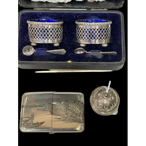 223 - Cased silver salts and spoons, Birmingham 1905/6. silver topped caster, and sterling silver Japanese... 