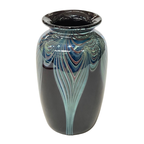 256 - Okra glass vase dated 1987, 15.5cm.