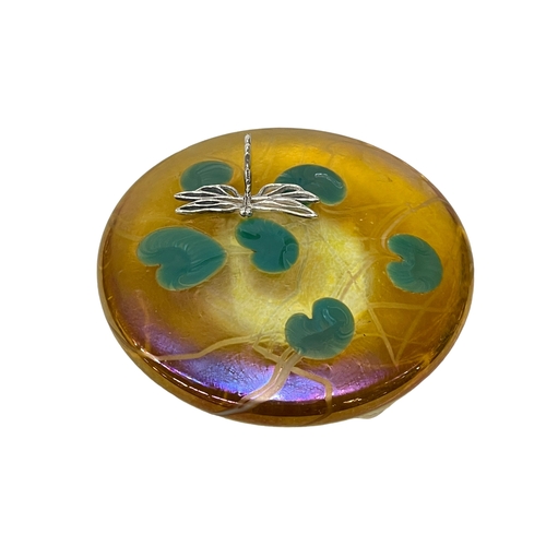 257 - John Ditchfield Lily Pad paperweight with mounted silver dragonfly.