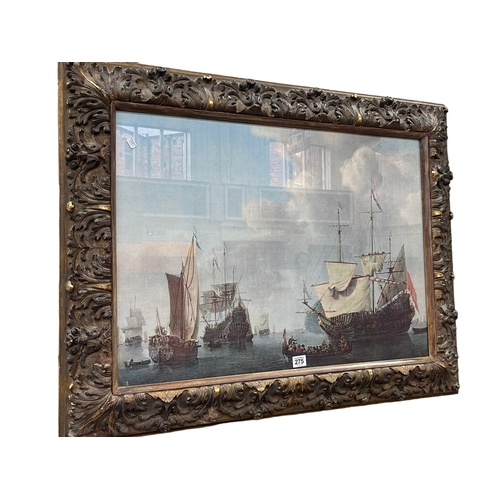 275 - Gilt framed coloured print of 18th/19th Century French Warships, 70cm by 90cm, including frame.