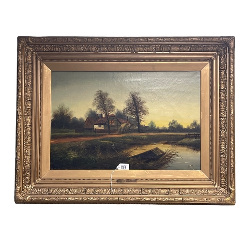 281 - H Cole, Cottage by a Pond at Sunset, 19th Century oil on canvas, signed lower right, 39.5cm by 59.5c... 