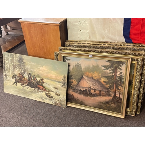 285 - Collection of seven Russian oil paintings c1960-70 including landscapes, hunting scene, etc, largest... 