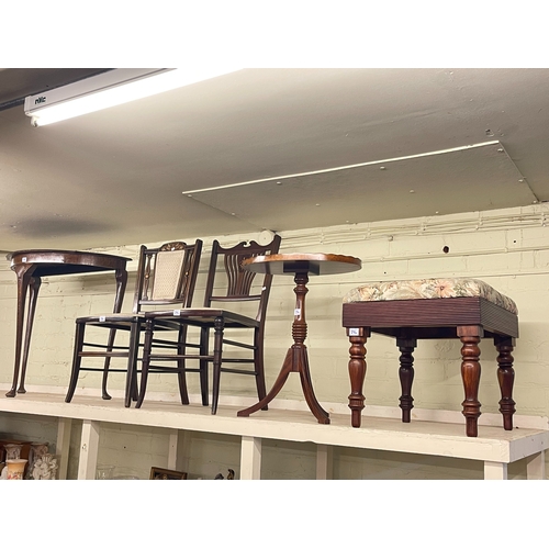 296 - Neat Edwardian mahogany writing table, turned leg stool, tripod wine table, two Edwardian inlaid bed... 