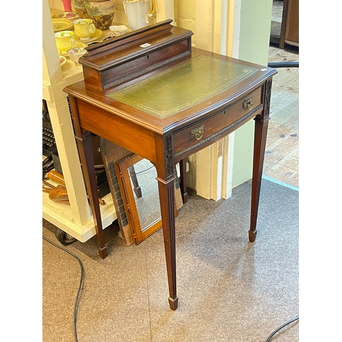 296 - Neat Edwardian mahogany writing table, turned leg stool, tripod wine table, two Edwardian inlaid bed... 