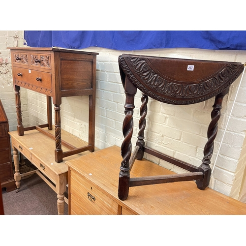 297 - Early 20th Century carved oak trefoil drop leaf table on twist legs and carved oak three drawer side... 