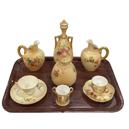 3 - Collection of Royal Worcester Blush including two flat back jugs, pot pourri lidded vase, two handle... 