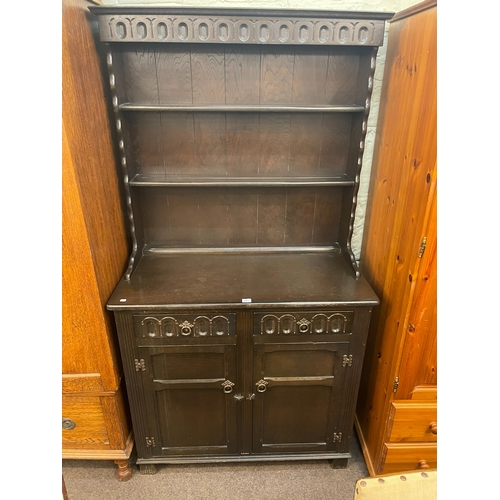 302 - Oak shelf back dresser, barley twist gate leg dining table and set of four carved oak dining chairs ... 