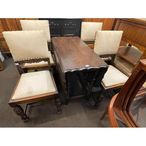 302 - Oak shelf back dresser, barley twist gate leg dining table and set of four carved oak dining chairs ... 