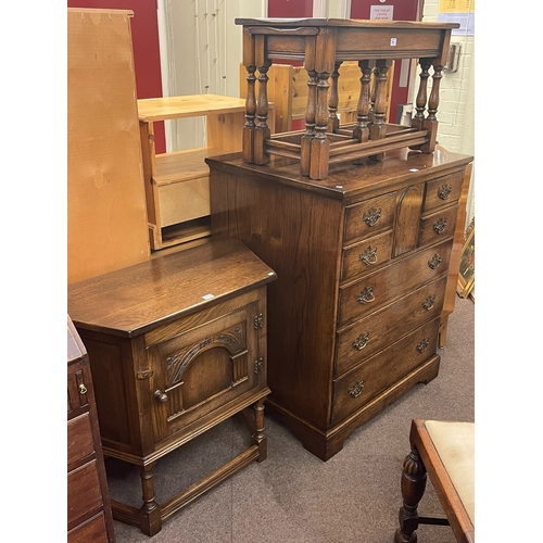 312 - Rectangular oak nest of three turned leg tables, carved oak canted credence cabinet, 76cm by 84cm by... 