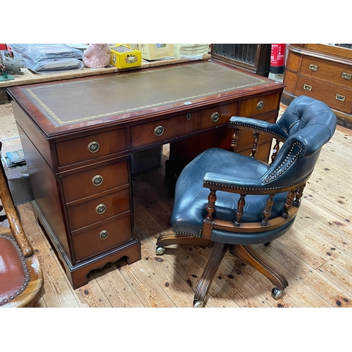 323 - Beresford & Hicks yew seven drawer pedestal desk, 75cm by 122cm by 61cm, together with a blue button... 