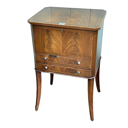 330 - Line inlaid mahogany crossbanded two drawer sewing box on splayed legs, 69.6cm by 44cm by 34cm.