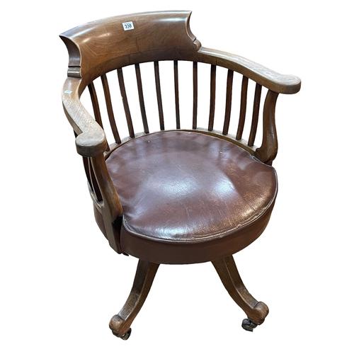 338 - Early 20th Century mahogany swivel office desk chair in brown hide.