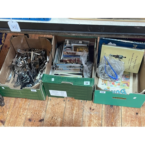 34 - Box of postcards, cutlery, costume jewellery, books, etc.