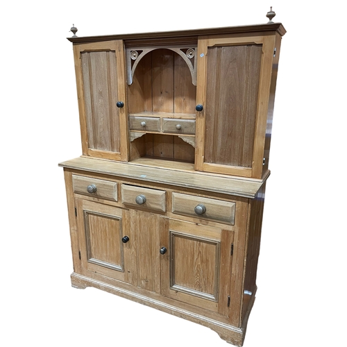 349 - Stripped Victorian dresser, the top having two cupboard doors, two small drawers and open compartmen... 