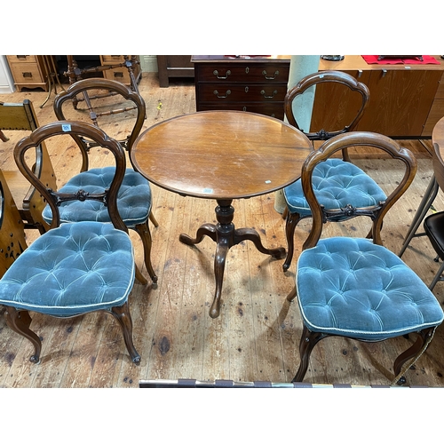 359 - 19th Century circular snap top supper table and set of four walnut cabriole leg parlour chairs.