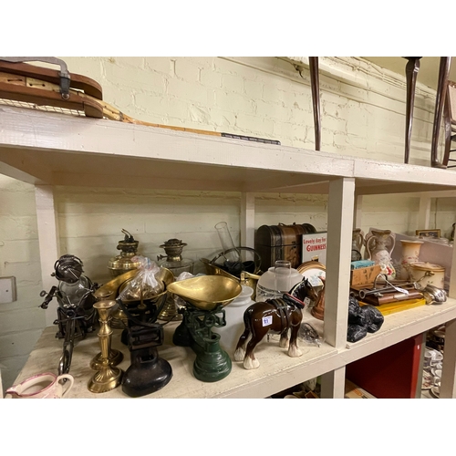 83 - Two brass oil lamps, two sets of kitchen scales with bell weights, metalwares, pottery vases, etc.