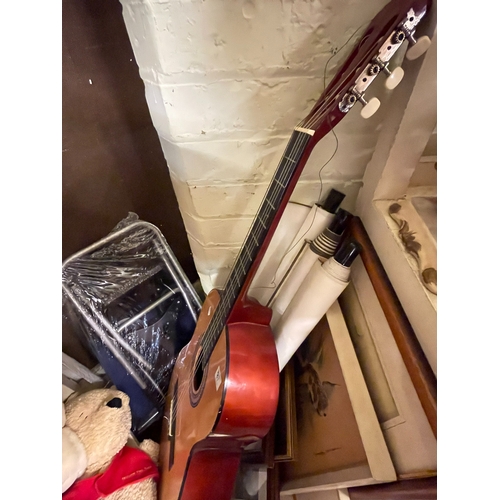 87 - Assorted pictures, two guitars, bedspreads, glass, china, etc.