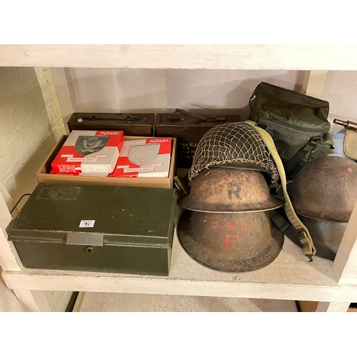 91 - Two large RNLI flags, assorted helmets, ammunition boxes, nautical items including caps, etc.