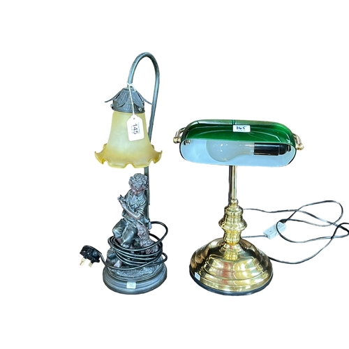 145 - Brass desk lamp with green shade and a figural lamp with shade.
