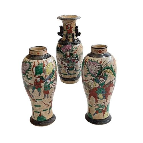 152 - Three Chinese crackle ware vases, pair 26cm.