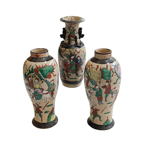 152 - Three Chinese crackle ware vases, pair 26cm.