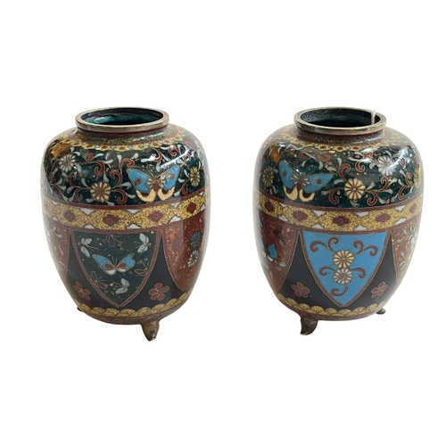 156 - Pair Cloisonné vases on feet, 11.5cm.