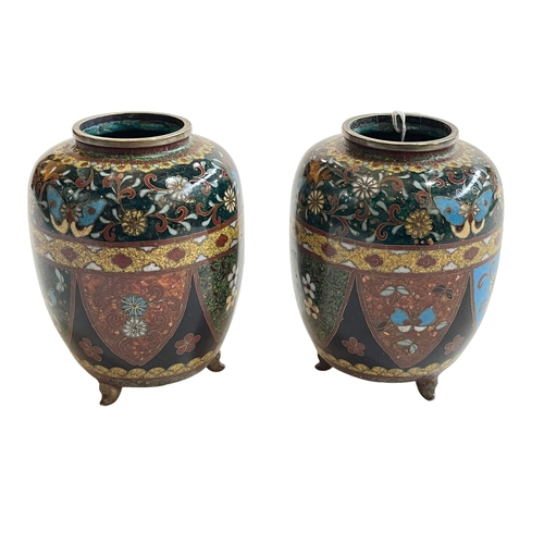 156 - Pair Cloisonné vases on feet, 11.5cm.