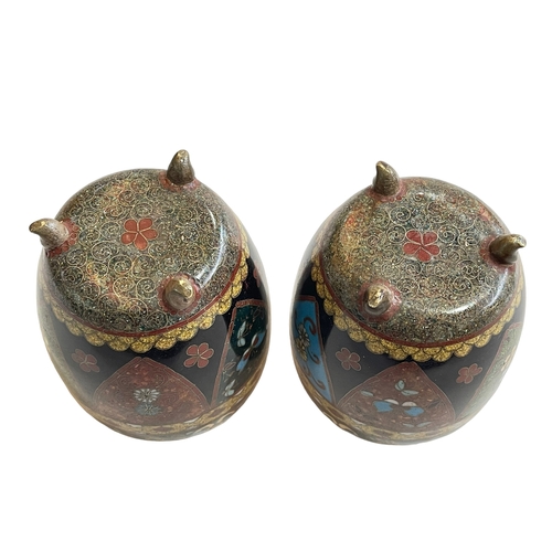 156 - Pair Cloisonné vases on feet, 11.5cm.