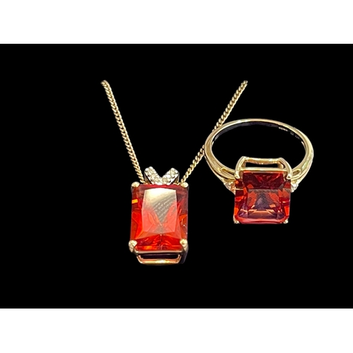 171 - Red topaz 9 carat gold ring, size P/Q, together with similar necklace (2).