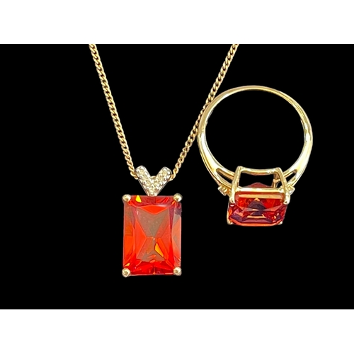 171 - Red topaz 9 carat gold ring, size P/Q, together with similar necklace (2).