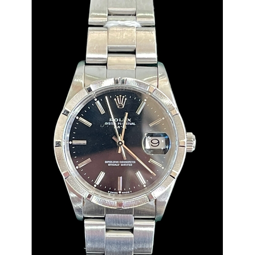 209 - Rolex Oyster Perpetual Date stainless steel wristwatch with black baton dial, case 34mm diameter, wi... 