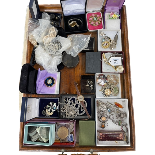 21 - Assorted costume jewellery, watches, coins, etc.