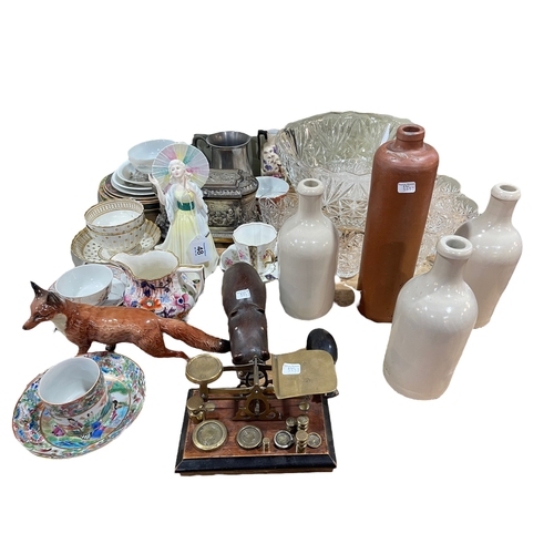 48 - Oriental porcelain, postage scales, Beswick Fox, stoneware bottles, glass, etc.