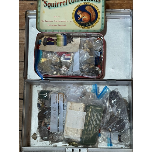 106 - Squirrel Confectionary tin of collectables inc Women's Voluntary Service boxed medal, royalty medall... 