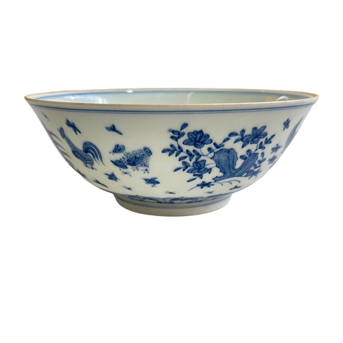 116 - Chinese blue and white porcelain bowl decorated with chickens, six character mark to base, 19cm.