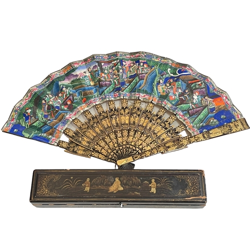 122 - 19th Century Chinese Canton Mandarin fan, painted with one hundred faces, bearing label WOSHING Hong... 