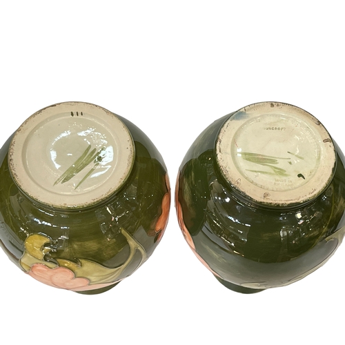 187 - Pair of Moorcroft bulbous vases decorated with hibiscus on green ground, each 19.5cm