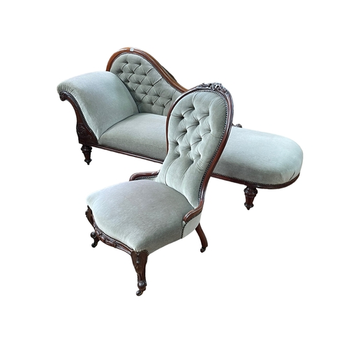 269 - Victorian mahogany chaise longue and spoon back nursing chair in sage green buttoned draylon.