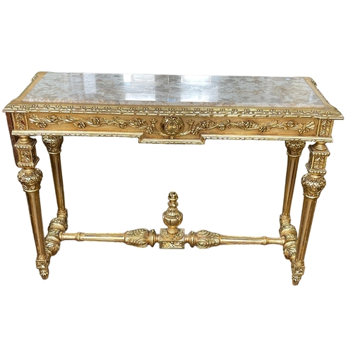 283 - Rectangular gilt and marble inset top console table, 86cm by 125cm by 47.5cm.