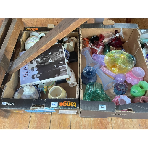 44 - Five boxes of decorative porcelain, glass, comics, etc.