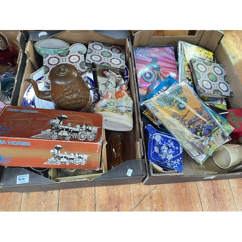 44 - Five boxes of decorative porcelain, glass, comics, etc.